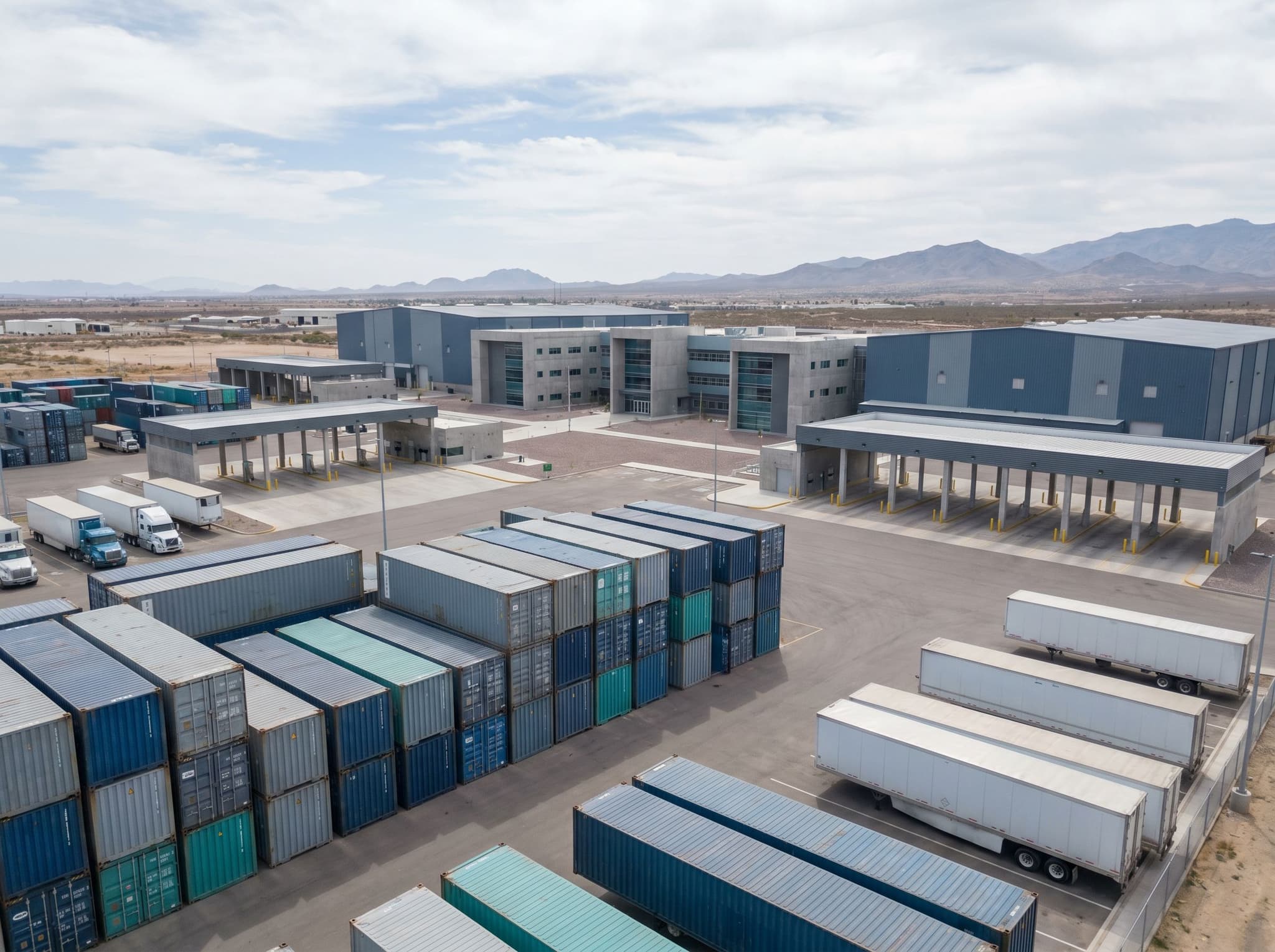 Patio de inspección aduanal en la frontera con contenedores y tráileres